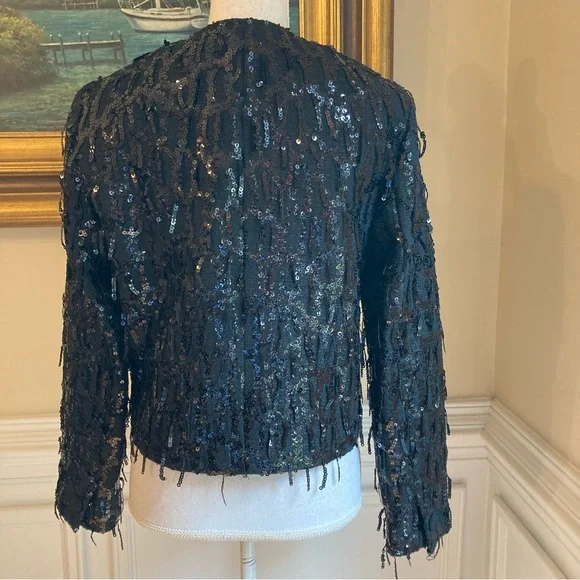 ZARA Black Tweed Fringe Sequin Blazer Jacket NWT